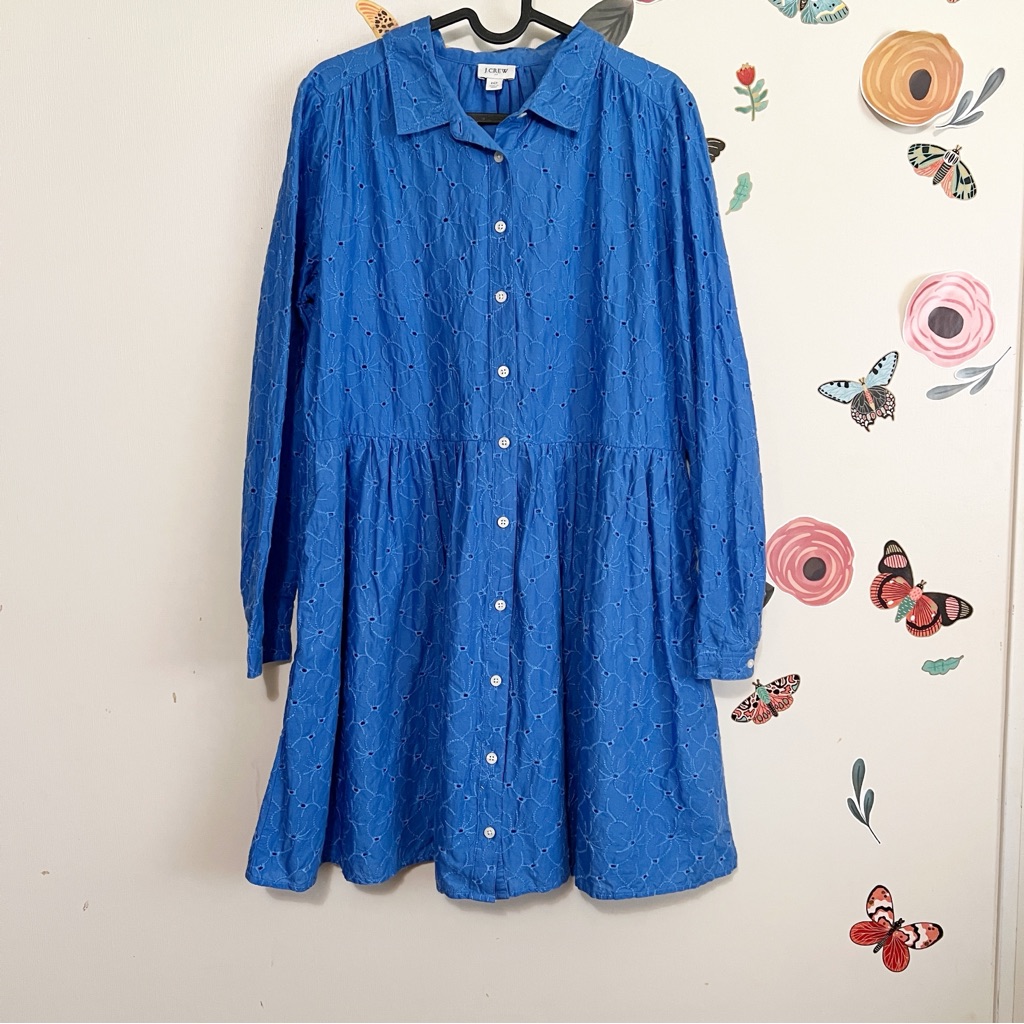 J. Crew Eyelet Blue Long-Sleeve Shirt Dress 10